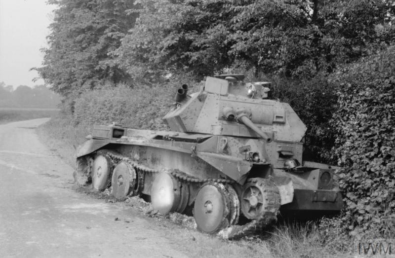 Cruiser Mk IV tank knocked out during an engagement on 27 May 1940 on the road between Huppy and St Maxent in the Somme sector. © IWM (F 4594)